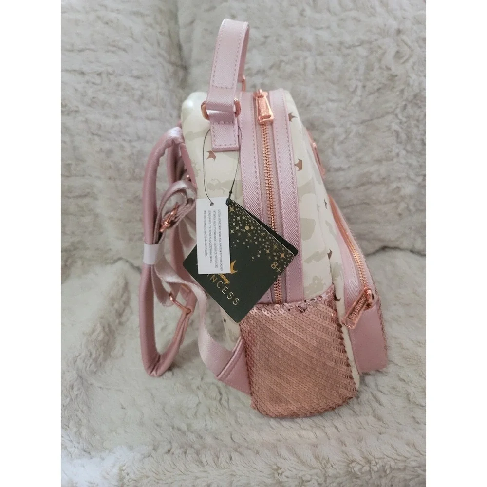 LOUNGEFLY DISNEY PRINCESS PINK SEGUINS MINI BACKPACK GOLD‎ CROWN  SILHOUETTES